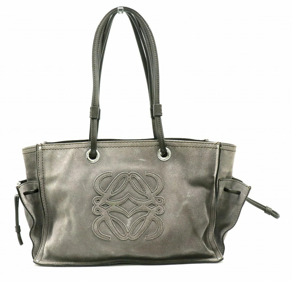 Loewe Shopper Tote Bag Shoulder Carry Suede Leather Gray Dark Brown